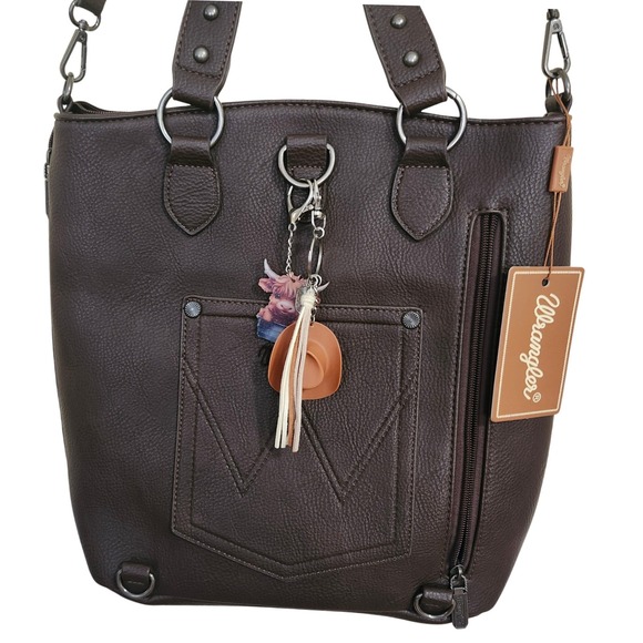 Wrangler Handbags - Wrangler Tote Bag Coffee Brown Faux Leather Western Cowgirl Cowboy Hat Charms CC